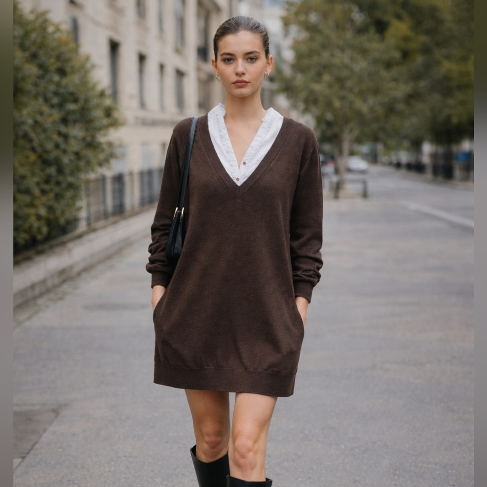 Tintoretto Brown Knit Sweater Dress  Ruffle Collar Layer Size M Minimalist Y2K
